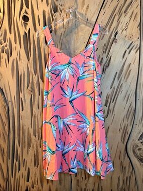 1.STATE Sleeveless Midi Dress Pink Blue White Tropical Leaf Size Small